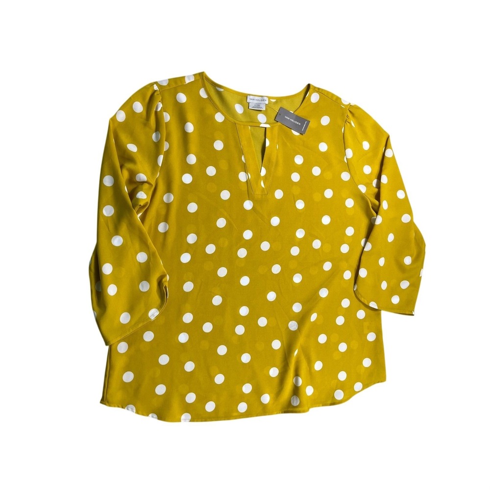 Van Heusen NWT Yellow White Polka Dot Keyhole Blouse Large